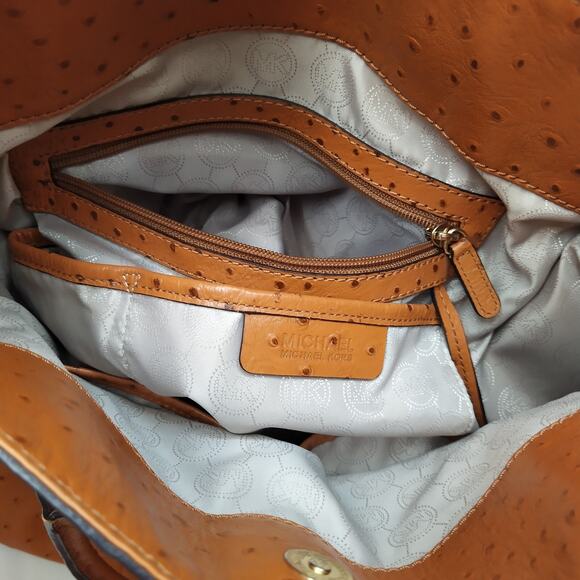 Michael Kors Hamilton Brown Leather Ostridge Embossed Lock Satchel Shoulder Bag - Picture 14 of 16